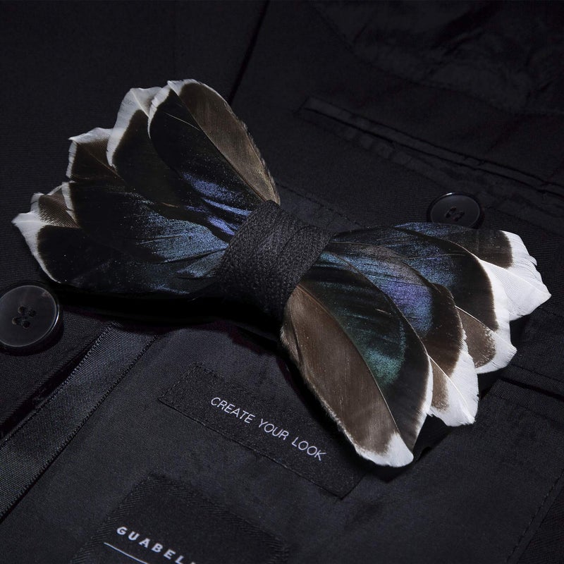 RBOCOTT Mens Handmade Feather Pre-tied Navy Bow tie and Brooch Sets (navy blue/brown) - Image 4